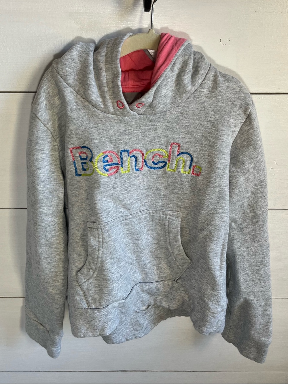 Bench Grey Hoodie with Pink Hood Lining and Multicolor Logo